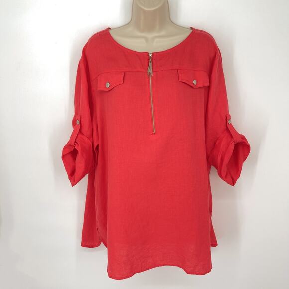 Ellen Tracy Women's Roll Tab Sleeves Linen Tunic Top Size 1X Poppy Orange - Picture 1 of 9